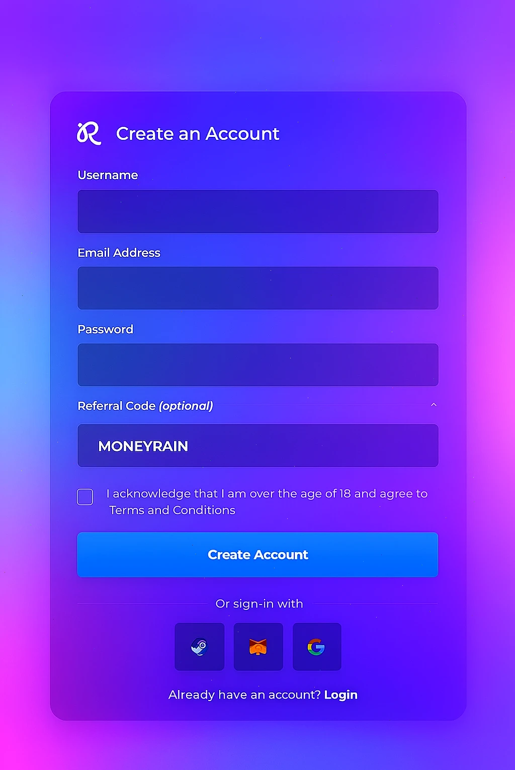 Rainbet sign-up screen showing where to input the promo code.